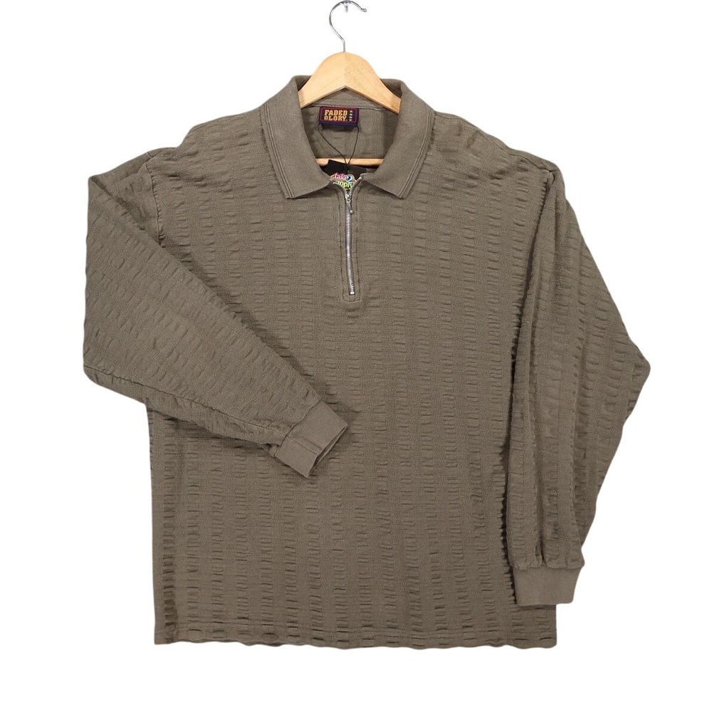 Faded Glory Pullover Mens Large Olive Green Excellent Textured Quarter Zip